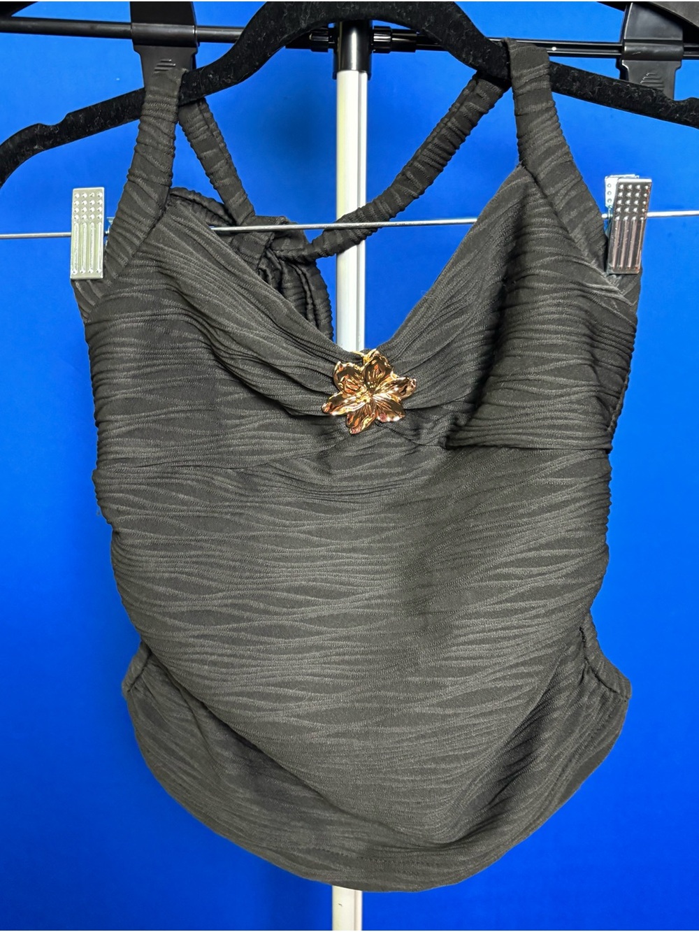 SHEIN Women’s Black Halter Cami with Gold Flower Accent